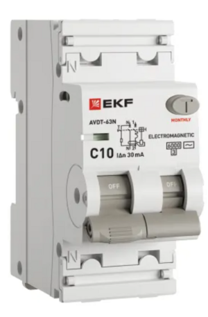 Устройство защитного отключения EKF PROXIMA АВДТ-63N 1P+N 10А 30мА х-ка C тип AC электромеханический 6кА