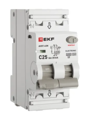 Устройство защитного отключения EKF PROXIMA АВДТ-63N 1P+N 25А 30мА х-ка C тип A электронный 6кА
