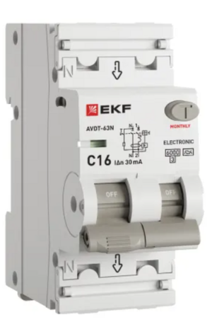 Устройство защитного отключения EKF PROXIMA АВДТ-63N 1P+N 16А 30мА х-ка C тип A электронный 6кА