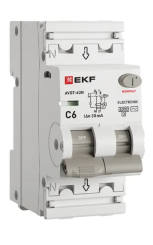 Устройство защитного отключения EKF PROXIMA АВДТ-63N 1P+N 6А 30мА х-ка C тип AC электронный 6кА