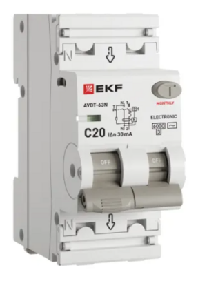 Устройство защитного отключения EKF PROXIMA АВДТ-63N 1P+N 20А 30мА х-ка C тип AC электронный 6кА