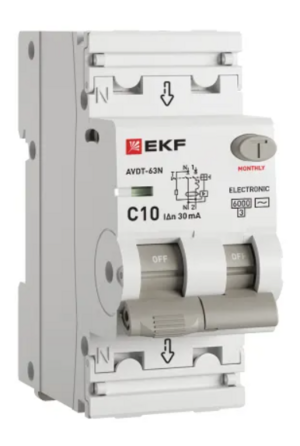Устройство защитного отключения EKF PROXIMA АВДТ-63N 1P+N 10А 30мА х-ка C тип AC электронный 6кА