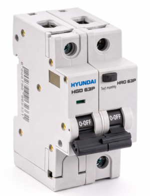 Дифференциальный автомат HYUNDAI HRO63P 2PG4C0000C 00016F 2 полюса 16А, ток к.з. 10кА,30мА, тип A (STANDARD)